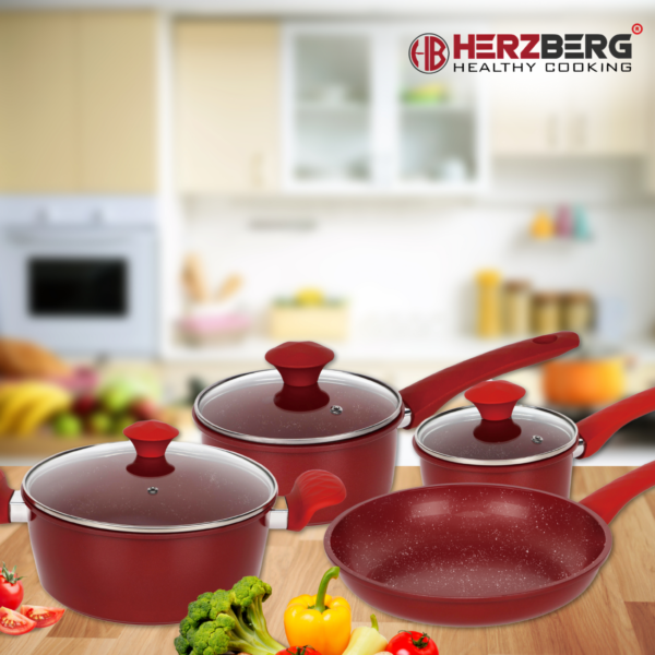 Herzberg HG-04715RED: 7 Pieces Marble Coated Cast Iron Cookware Set - Red - Image 2