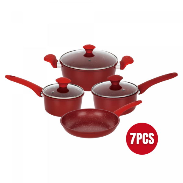 Herzberg HG-04715RED: 7 Pieces Marble Coated Cast Iron Cookware Set - Red - Image 3